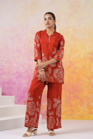 Artistic Floral Orange Printed Russian Silk Co-ord Set