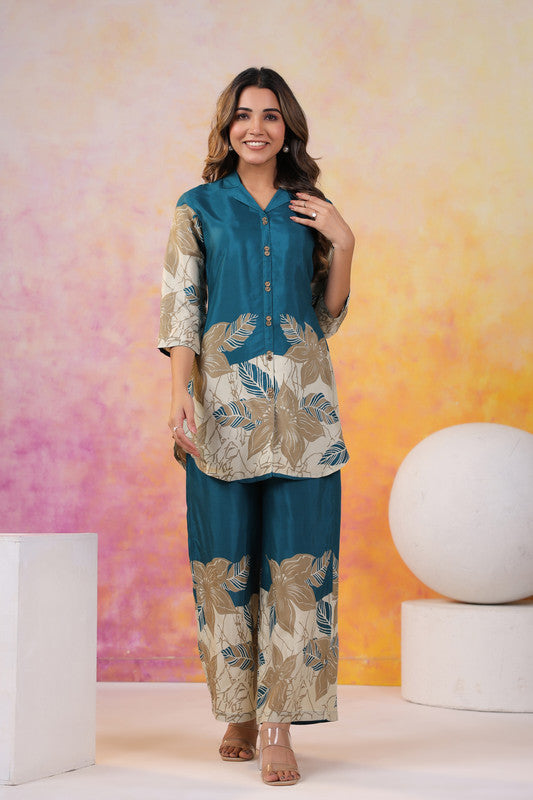 Teal Beige Blossom Russian Silk Co-ord Set