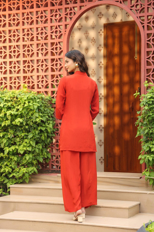 Rust Red Floral Embroidered Russian Silk Co-ord Set