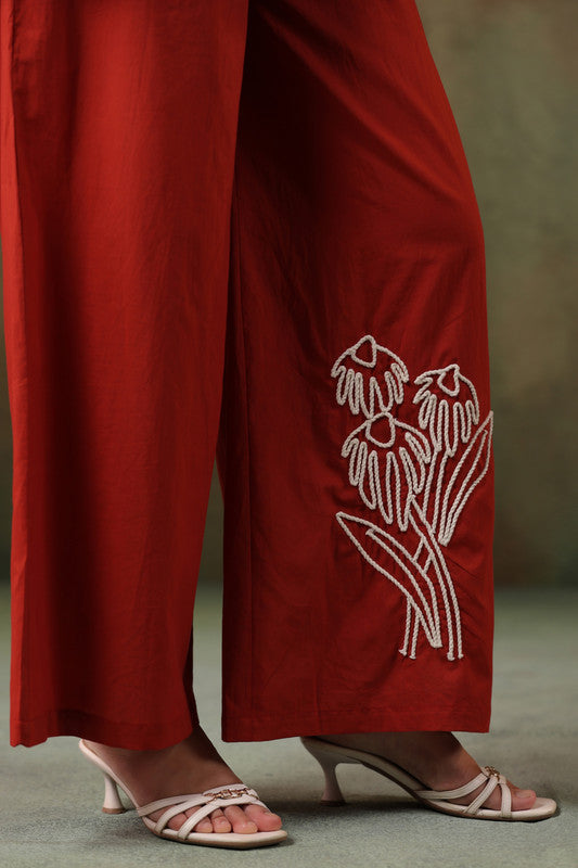Rust Floral Embroidered Cotton Co-ord Set