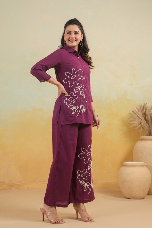 Purple Floral Embroidered  Cotton Flex Co-ord Set