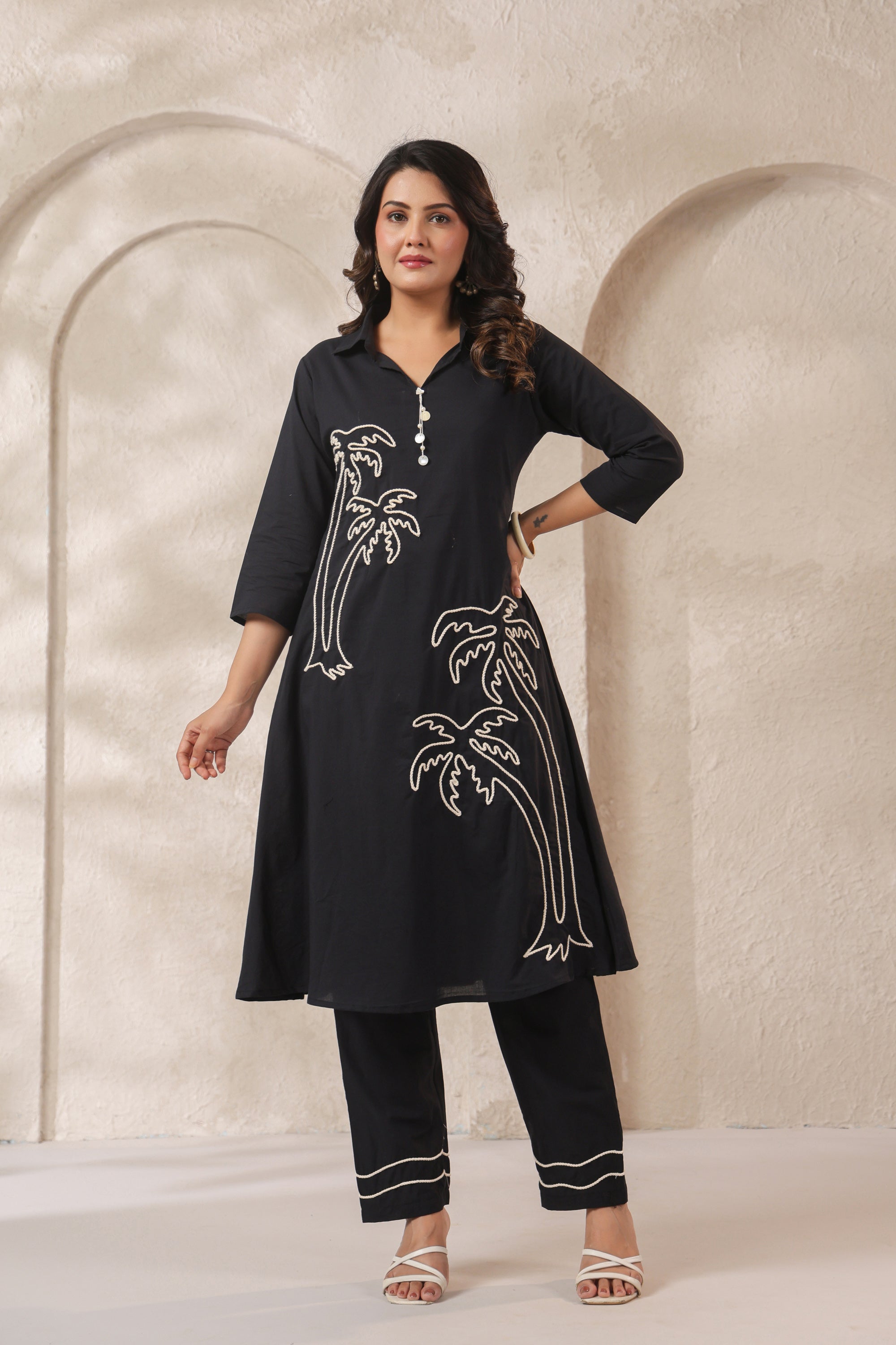Midnight Black Palm Embroidered Cotton Co-ord Set