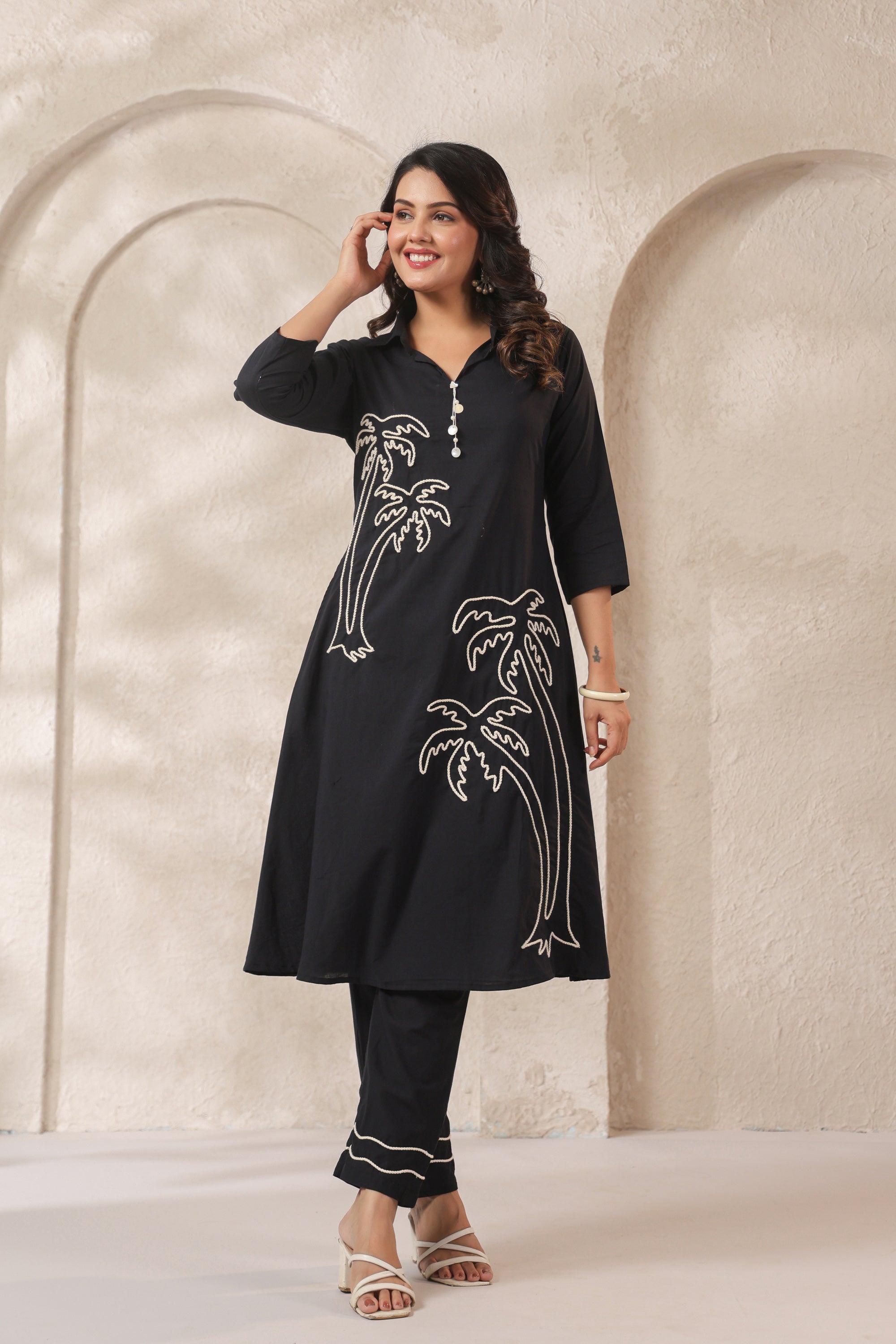Midnight Black Palm Embroidered Cotton Co-ord Set