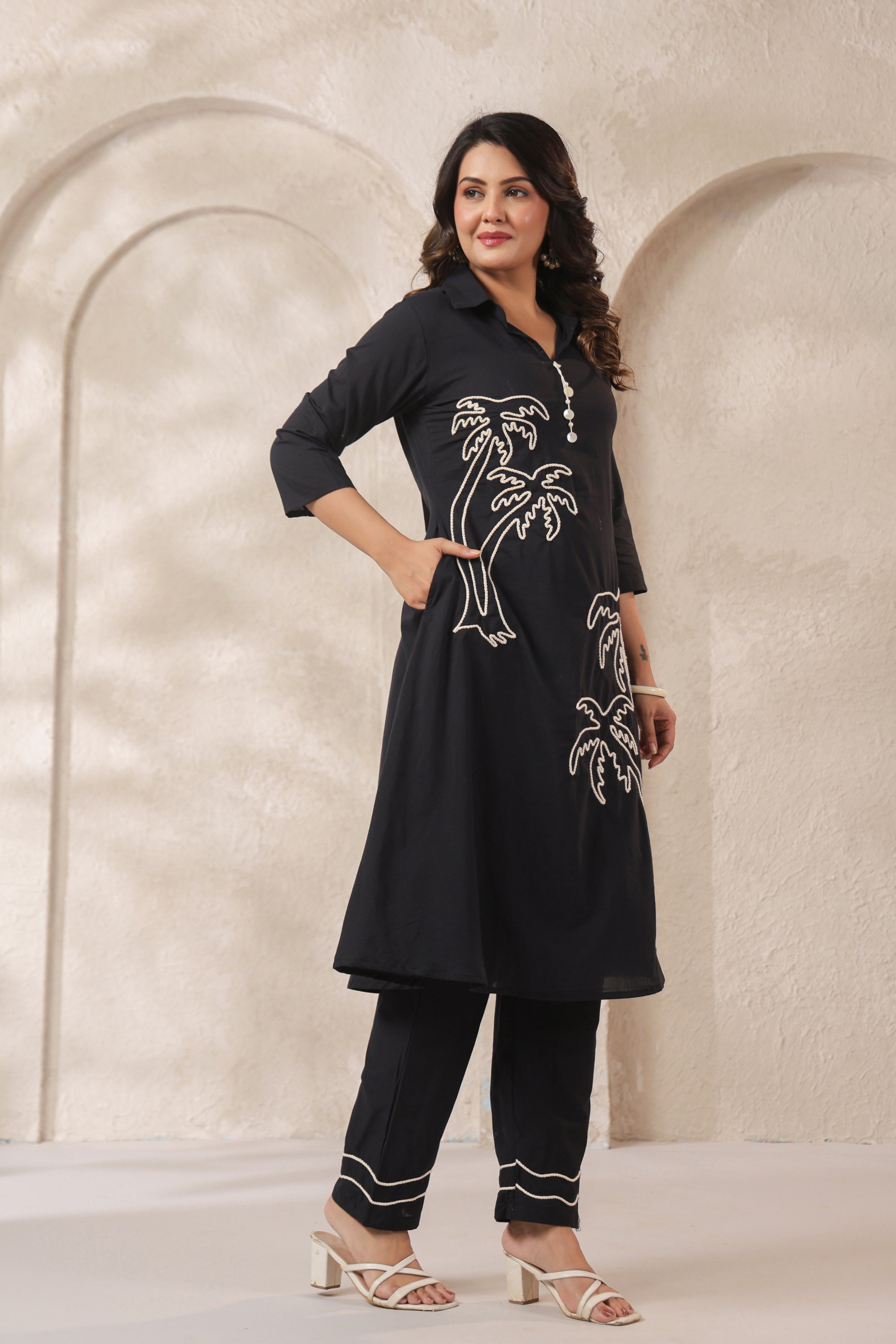 Midnight Black Palm Embroidered Cotton Co-ord Set