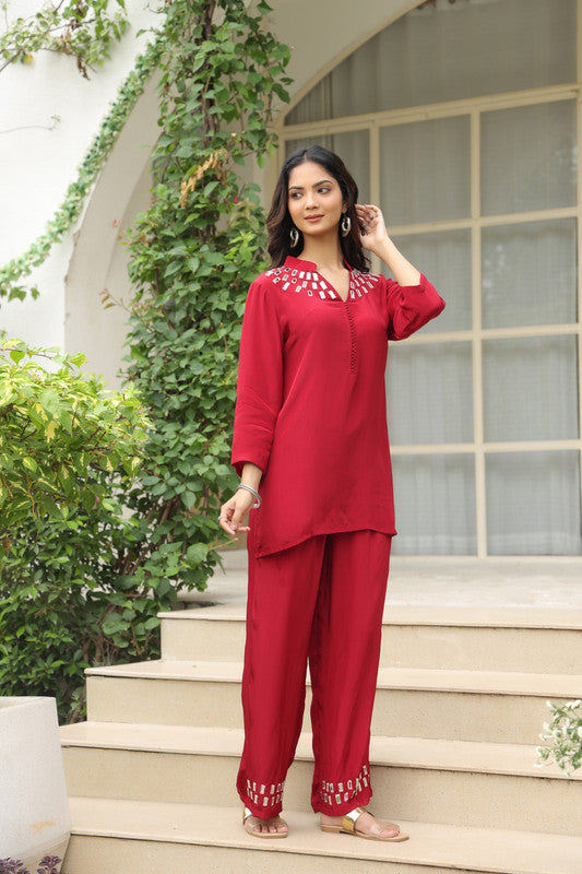 Mirror Embellished Maroon Co-ord Set