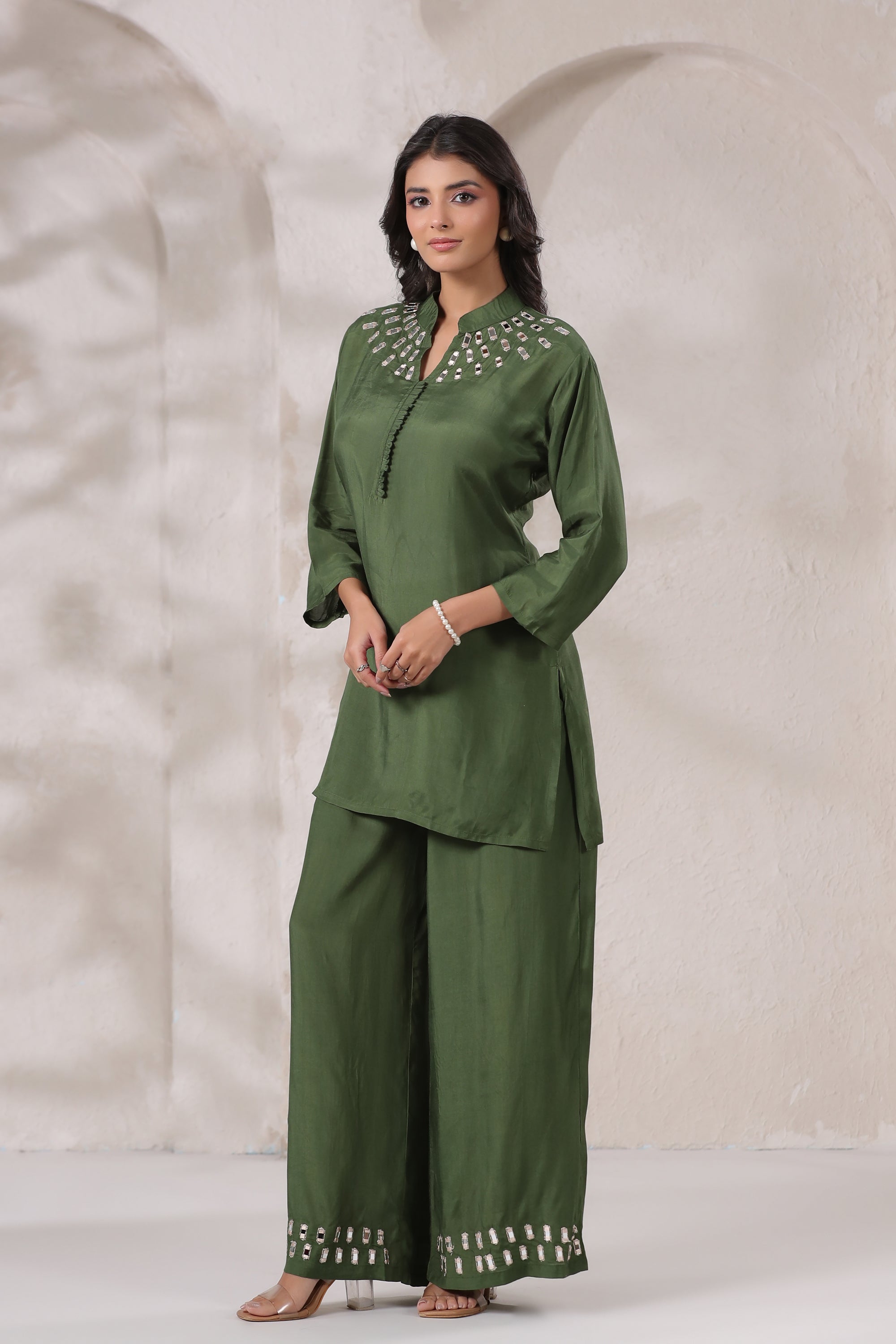 Olive Green Mirror Hand Work Muslin Silk Co-ord Set