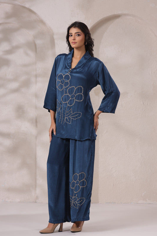 Blue Hand Embroidered Natural Crepe Co-ord Set