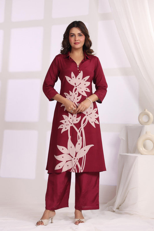 Crimson Leaf Symphony Russian Silk Co-ord Set