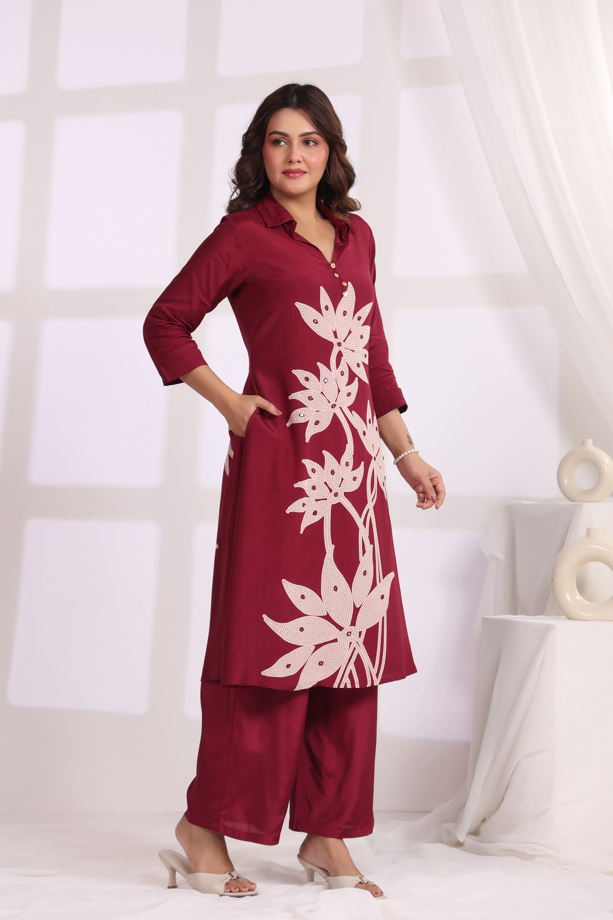 Crimson Leaf Symphony Russian Silk Co-ord Set