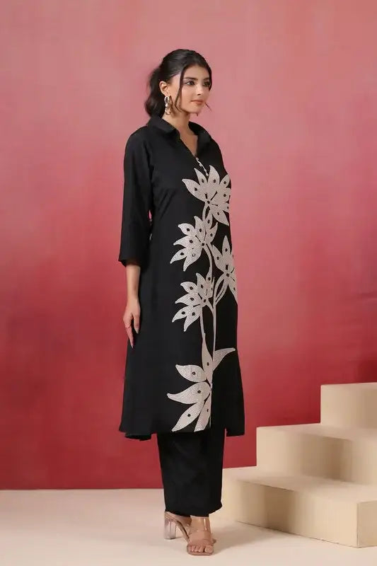 Black Hand Embroidered Russian Silk Co-ord Set