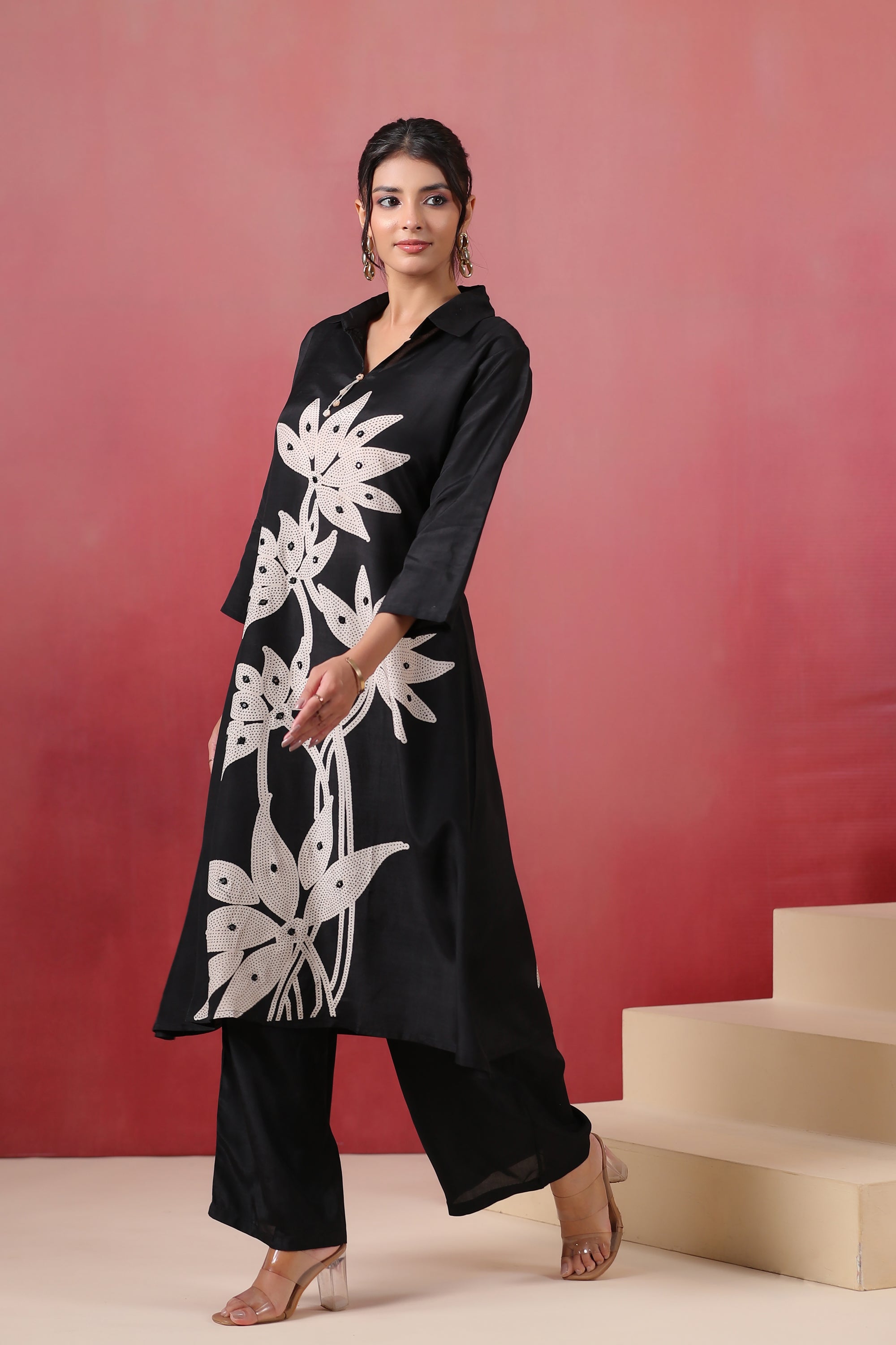 Black Hand Embroidered Russian Silk Co-ord Set