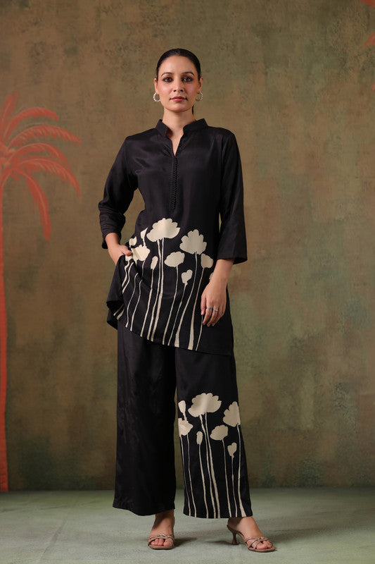 Elegant Midnight Floral Printed Russian Silk Co-ord Set
