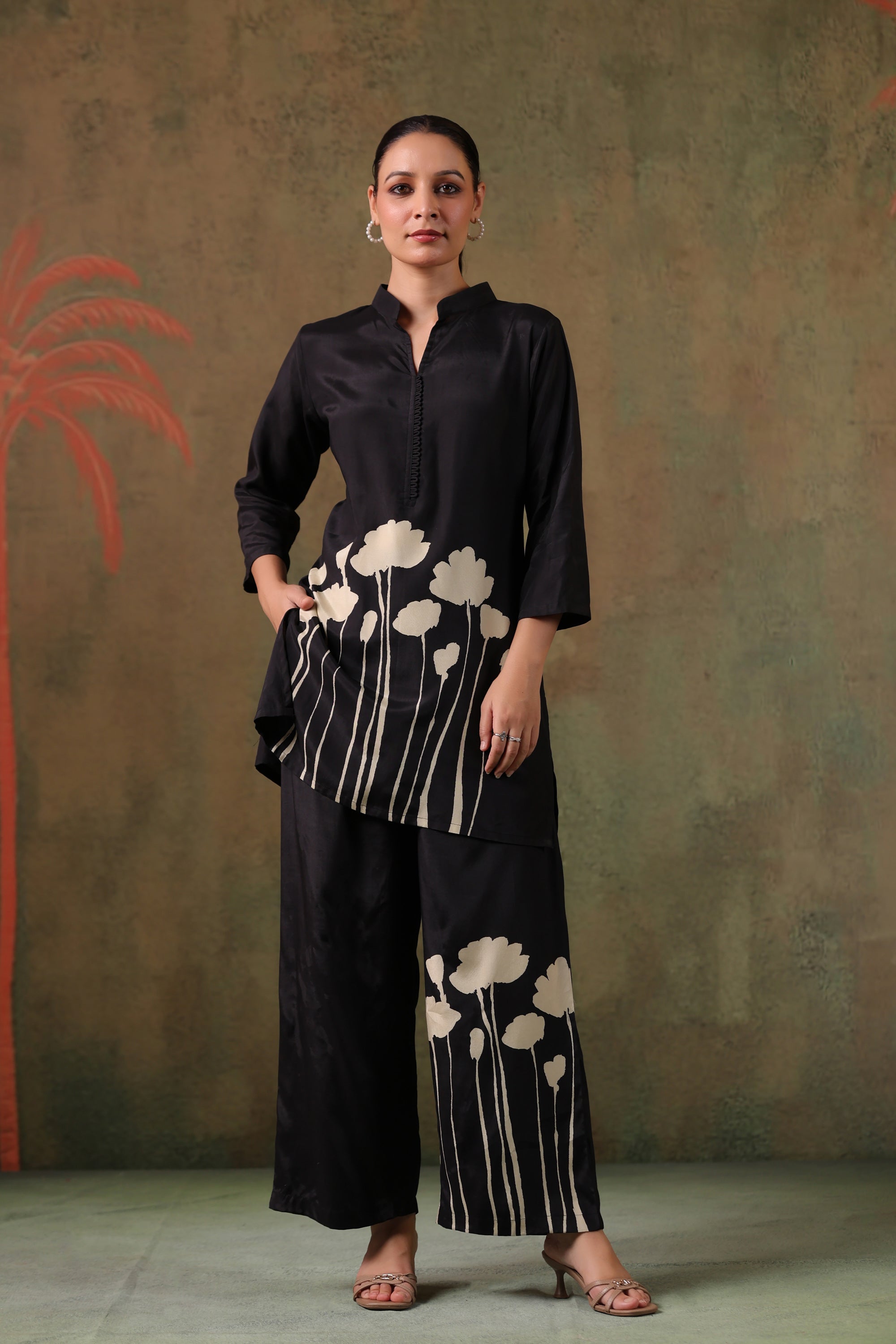 Elegant Midnight Floral Printed Russian Silk Co-ord Set