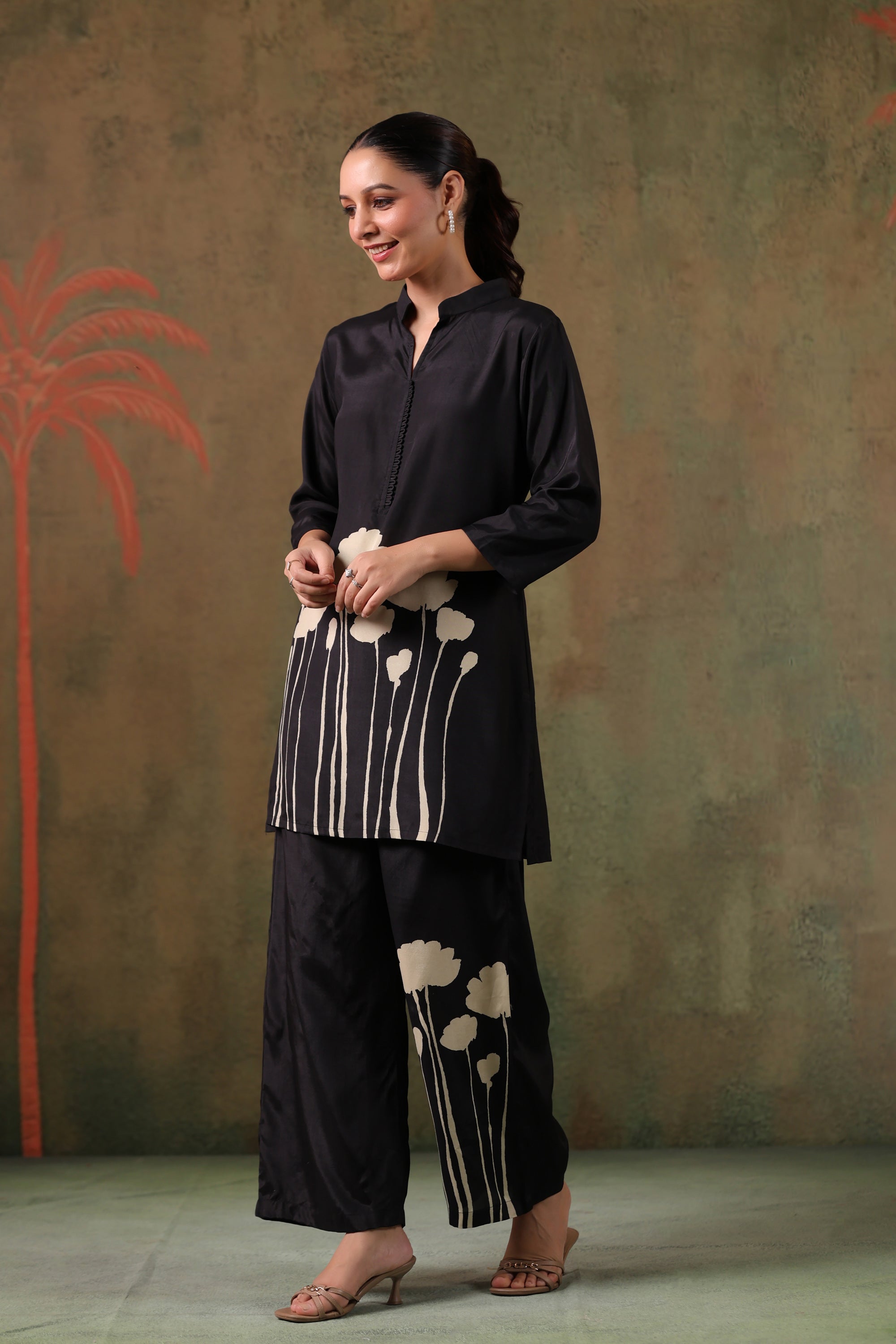 Elegant Midnight Floral Printed Russian Silk Co-ord Set