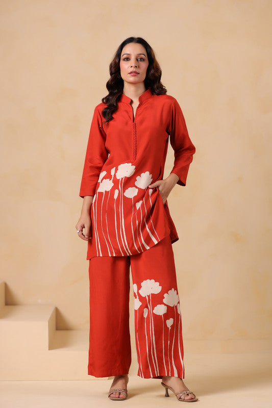 Rust Bloom Hand-Painted Floral Russian Silk Co-ord Set
