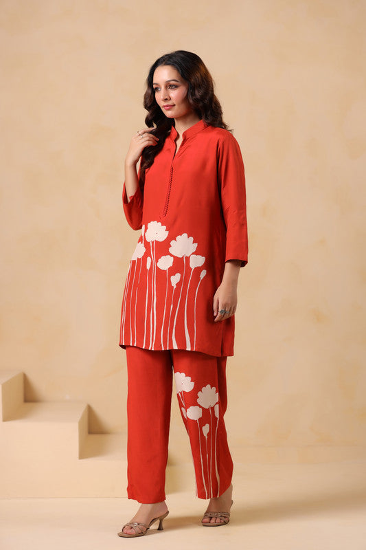 Rust Bloom Hand-Painted Floral Russian Silk Co-ord Set