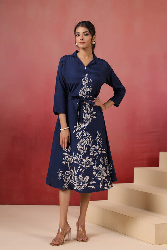 Navy Floral Midi Dress Russian Silk with Belted Waist