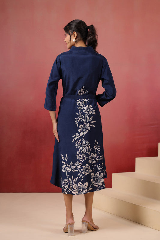Navy Floral Midi Dress Russian Silk with Belted Waist