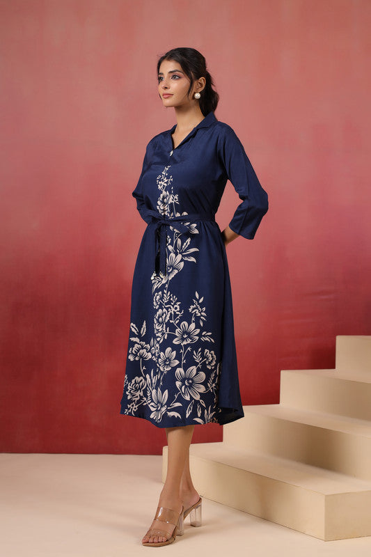 Navy Floral Midi Dress Russian Silk with Belted Waist