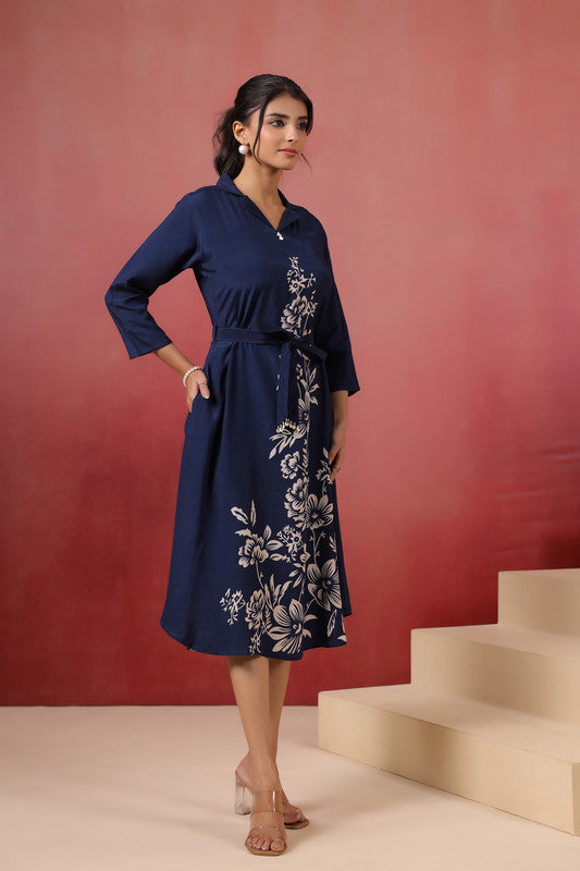 Navy Floral Russian Silk Dress