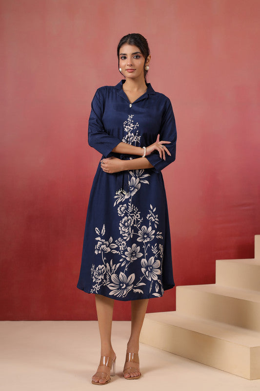 Navy Floral Midi Dress Russian Silk with Belted Waist