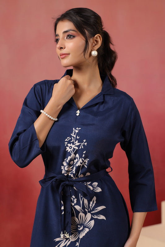 Navy Floral Midi Dress Russian Silk with Belted Waist