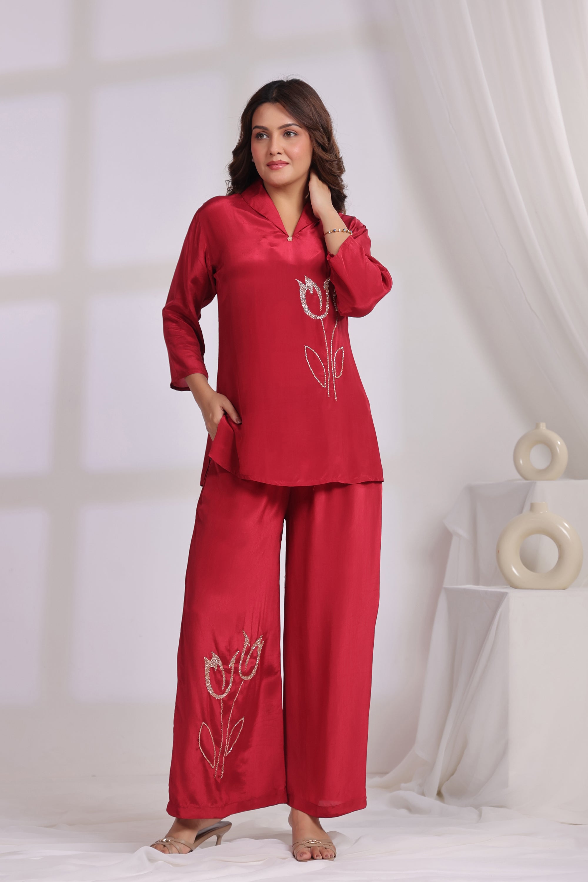 Ruby Red Tulip Embroidered Natural crepe Co-ord Set