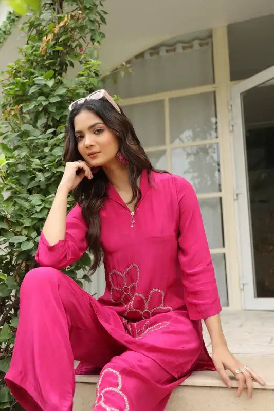Magenta Blossom Embroidered Natural Crepe Co-ord Set