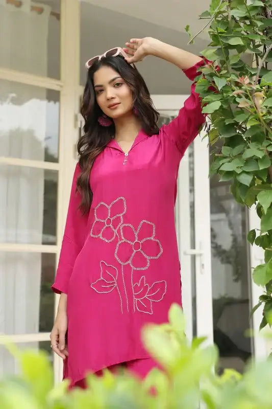 Magenta Blossom Embroidered Natural Crepe Co-ord Set