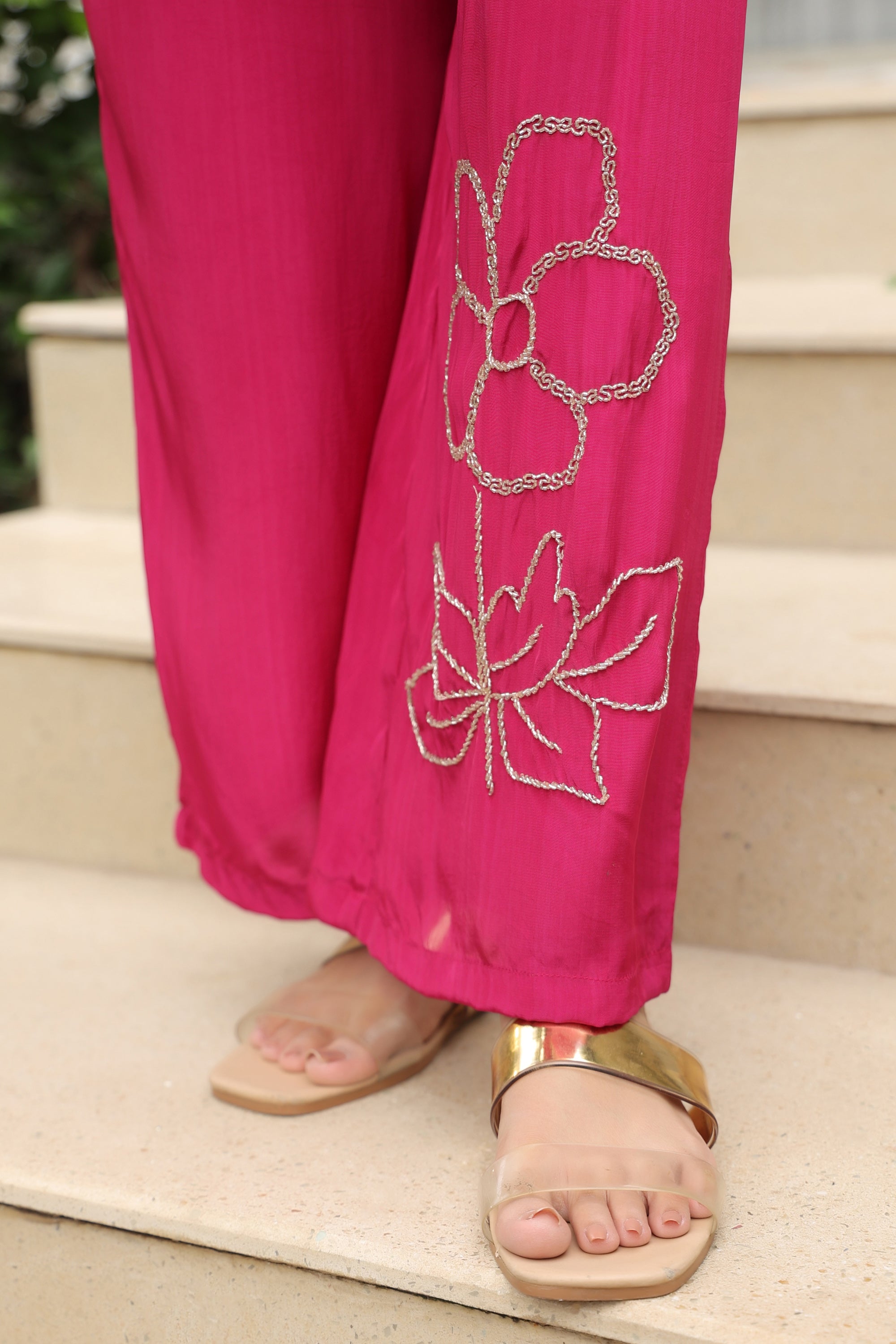 Magenta Blossom Embroidered Natural Crepe Co-ord Set