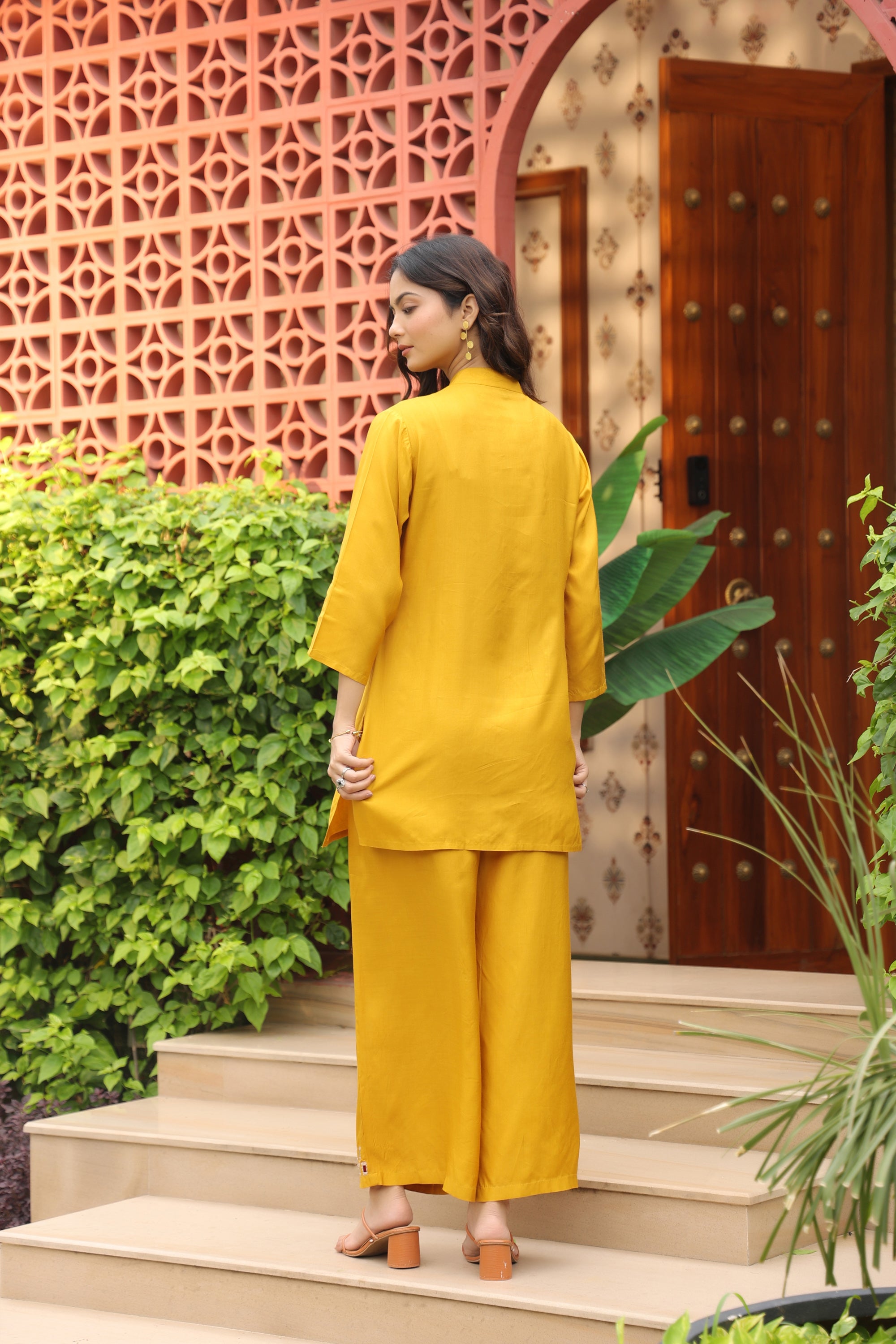 Mustard Mirror Hand Work Russian Silk Co-ord Set