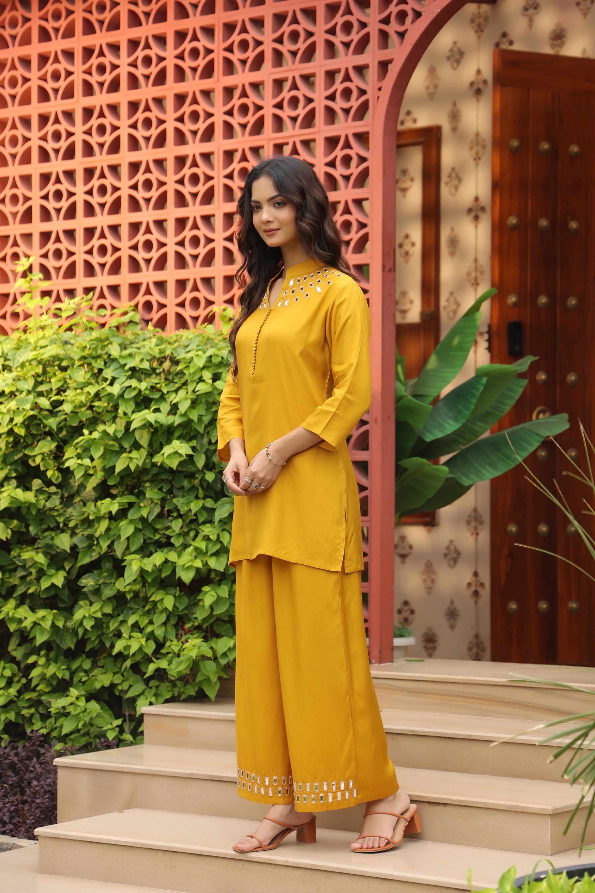 Mustard Mirror Hand Work Russian Silk Co-ord Set