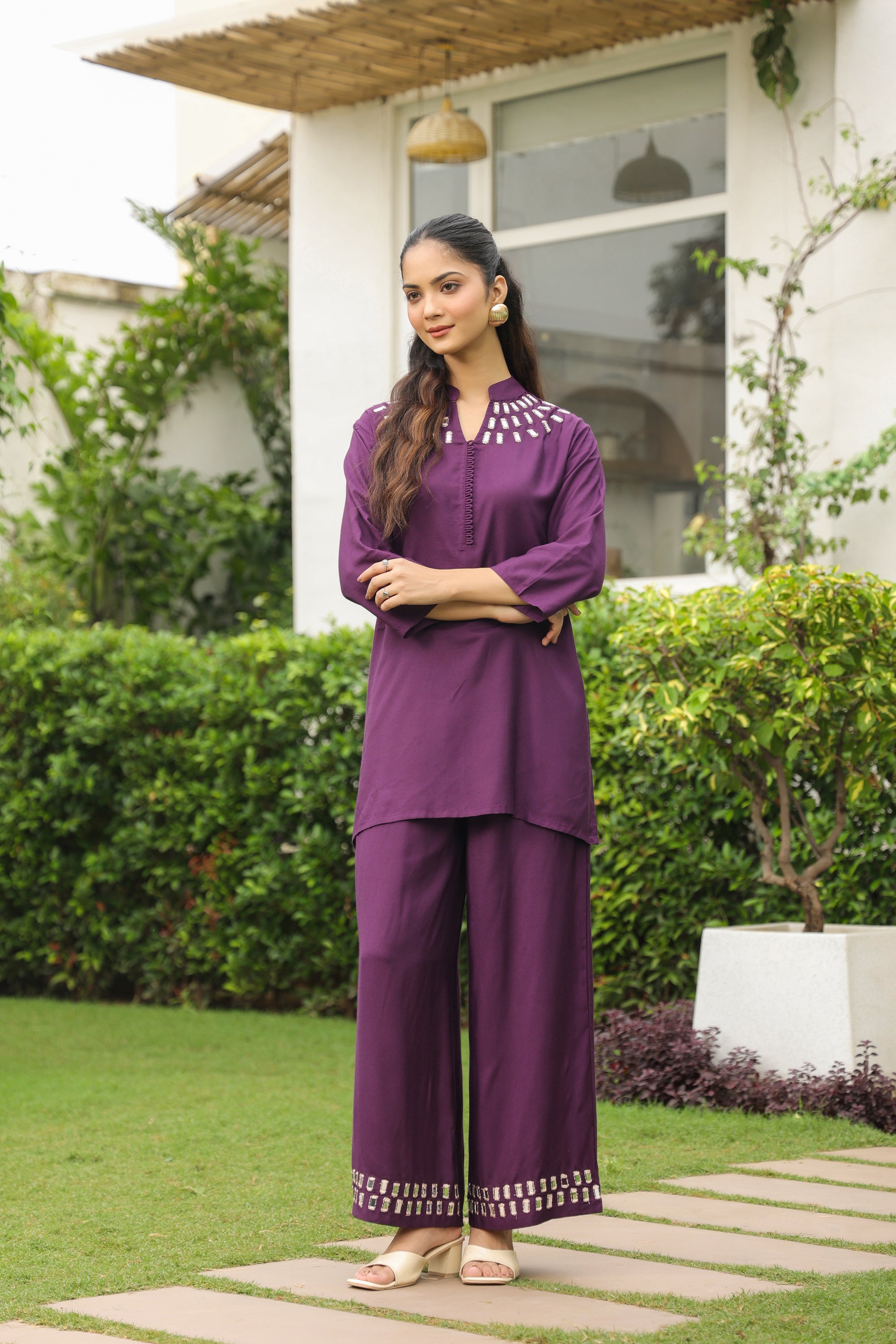 Plum Mirror Hand Work Muslin Silk Co-ord Set