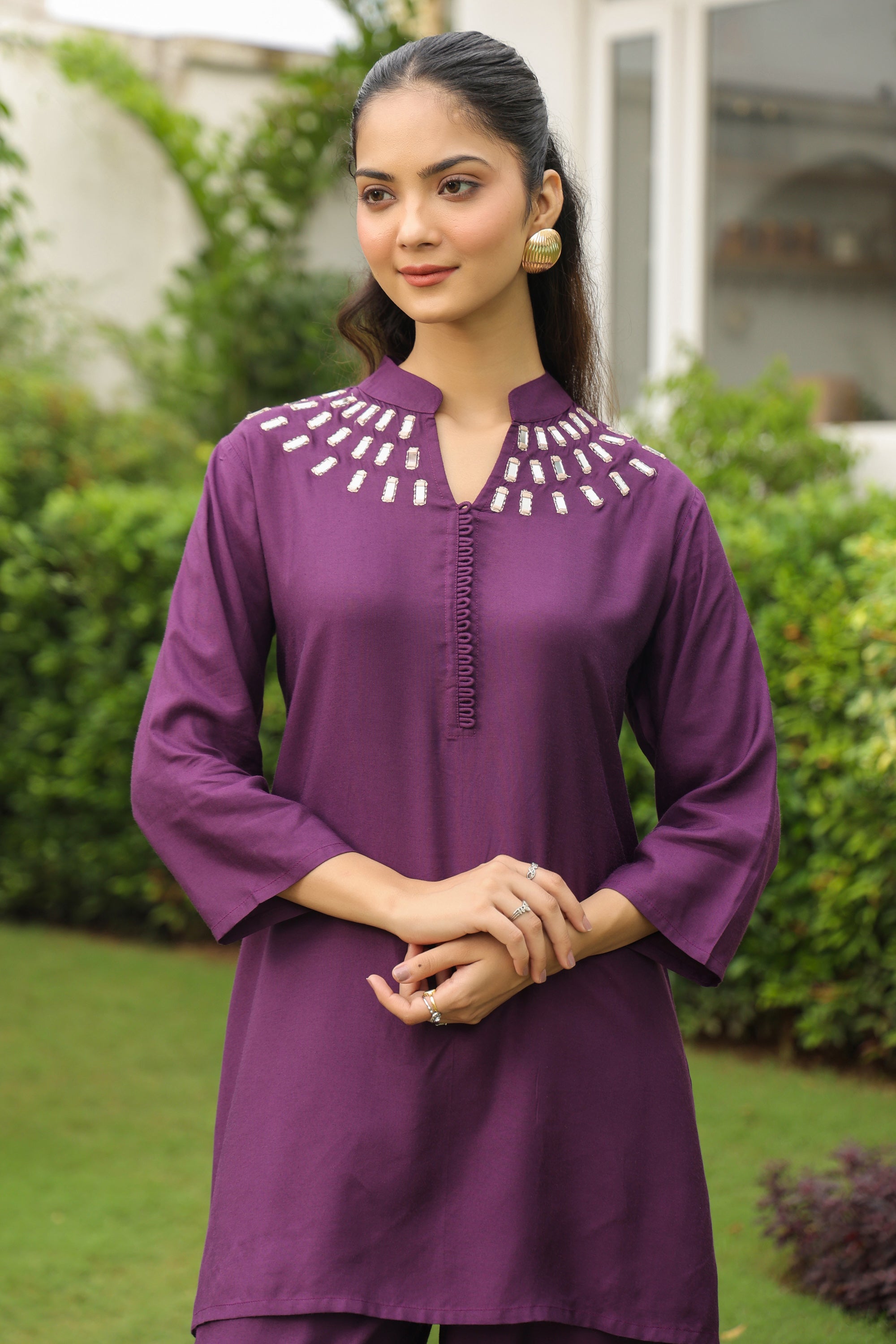 Plum Mirror Hand Work Muslin Silk Co-ord Set