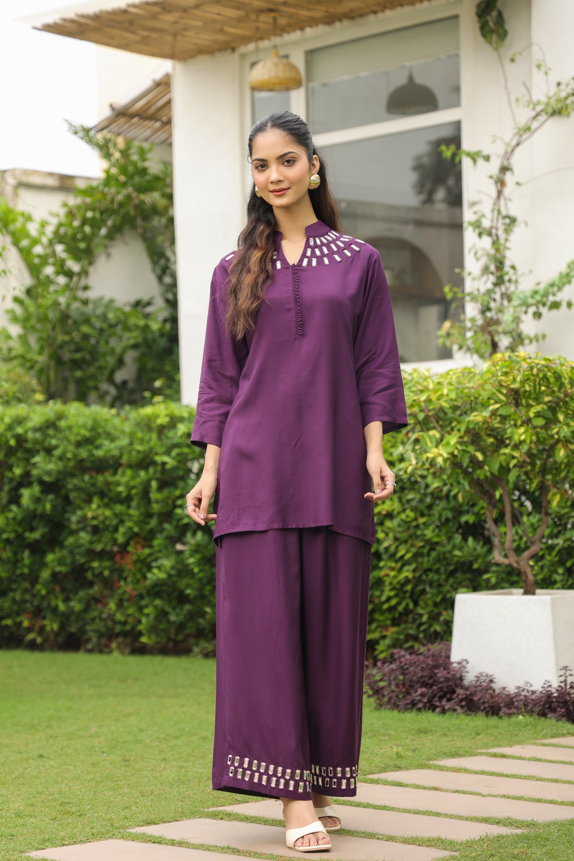 Plum Mirror Hand Work Muslin Silk Co-ord Set