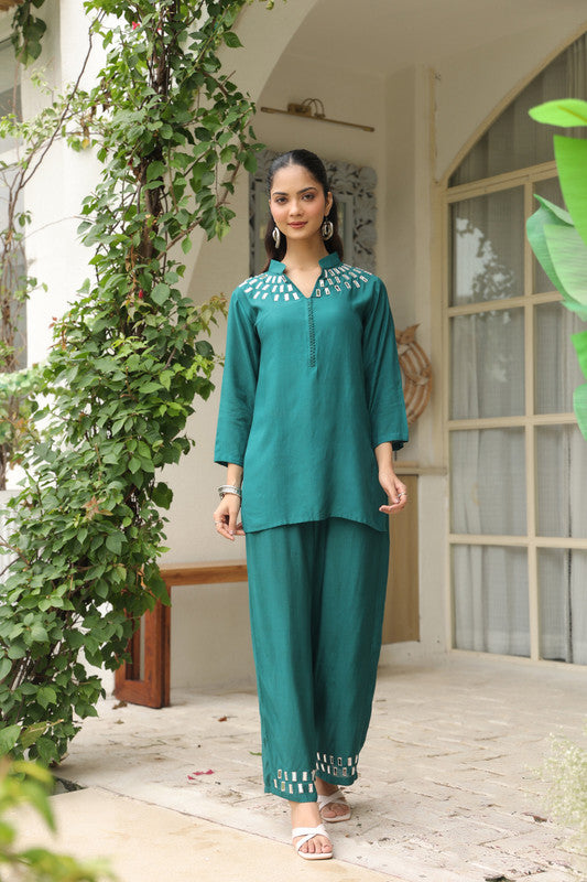 Teal Mirror Work Solid Russian Silk Co-ord Set