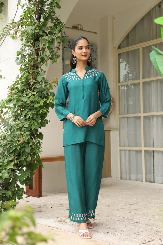 Teal Mirror Work Solid Russian Silk Co-ord Set