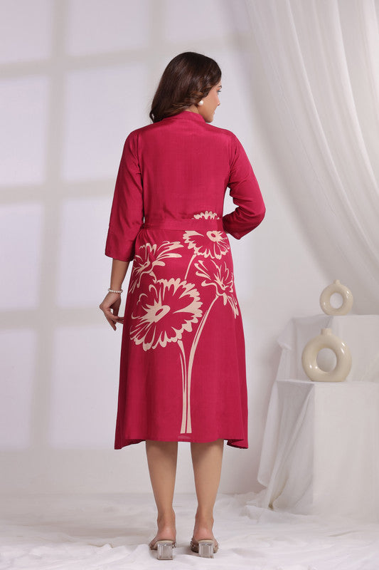 Pink Floral Midi Dress Russian Silk with Belted Waist