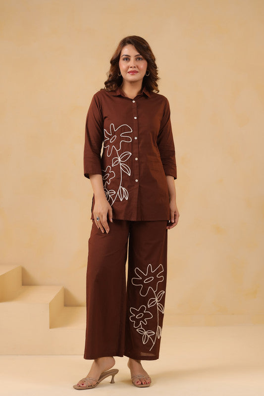 Cocoa Brown Floral Embroidered Cotton Co-ord Set