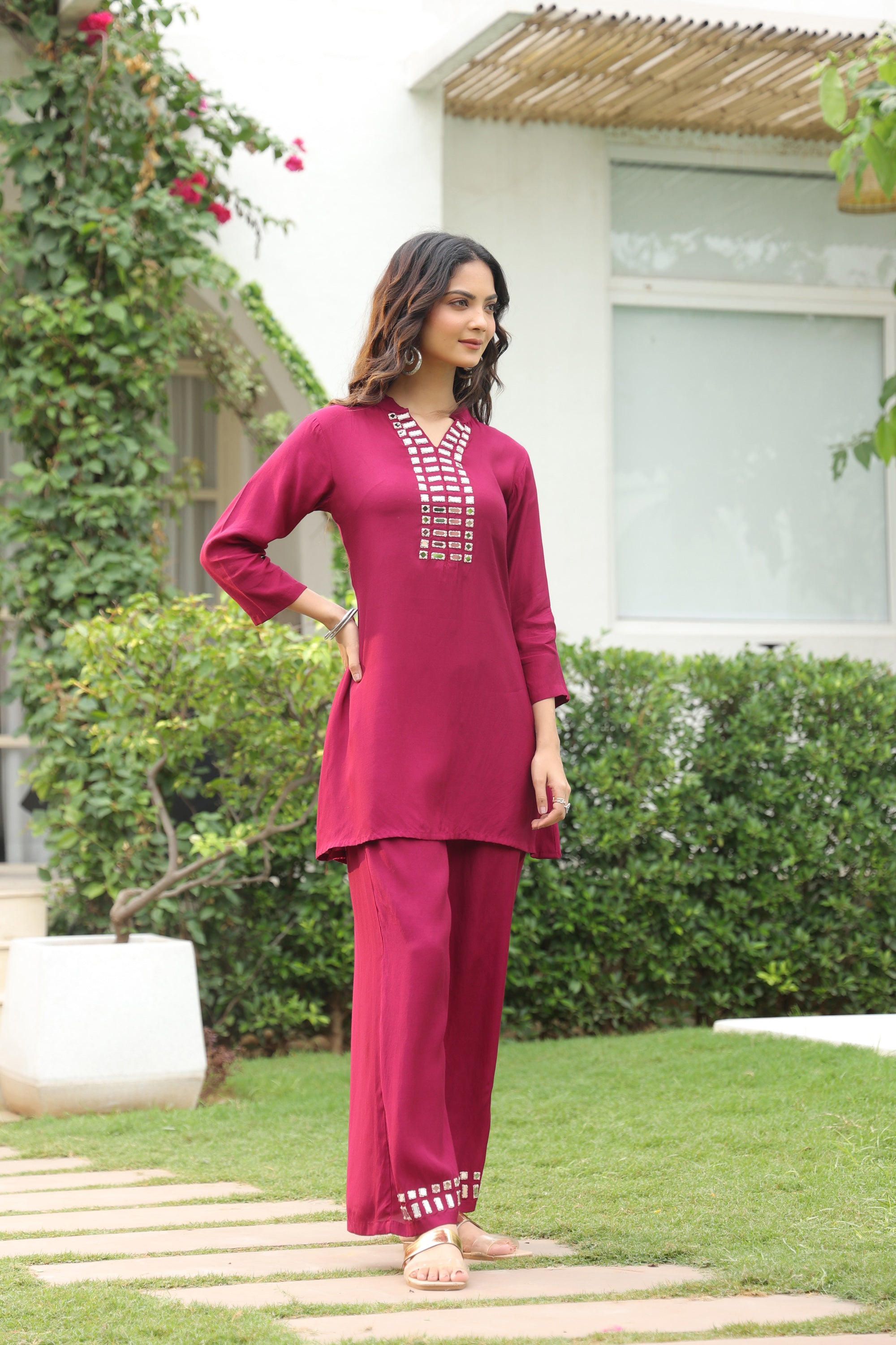 Mirror Work Purple Solid Russian Silk Co-ord Set