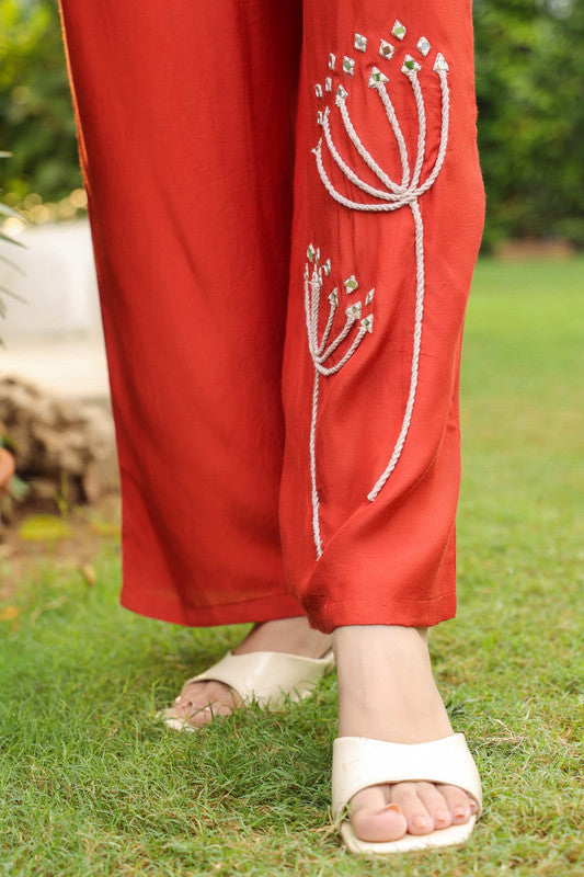 Rust Blossom Embroidered Russian Silk Co-ord Set