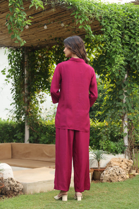 Elegant Wine Floral Embroidered Russian Silk Co-ord Set