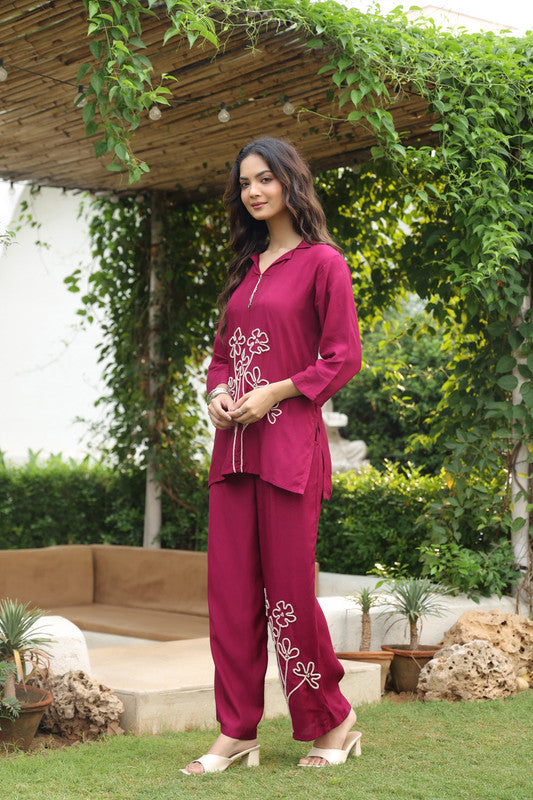 Elegant Wine Floral Embroidered Russian Silk Co-ord Set