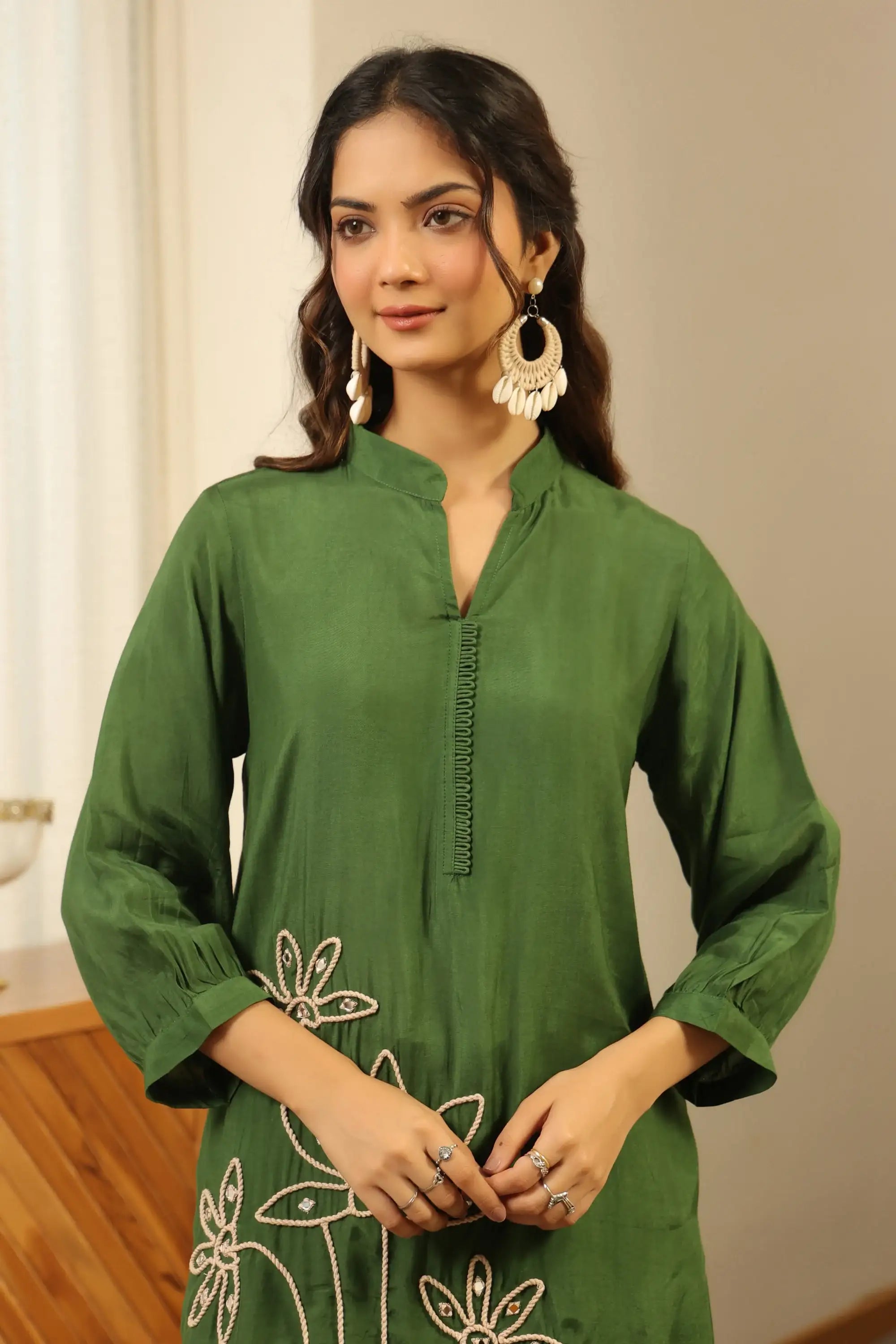 Chic Green Hand-Embroidered Floral Russian Silk Co-ord Set