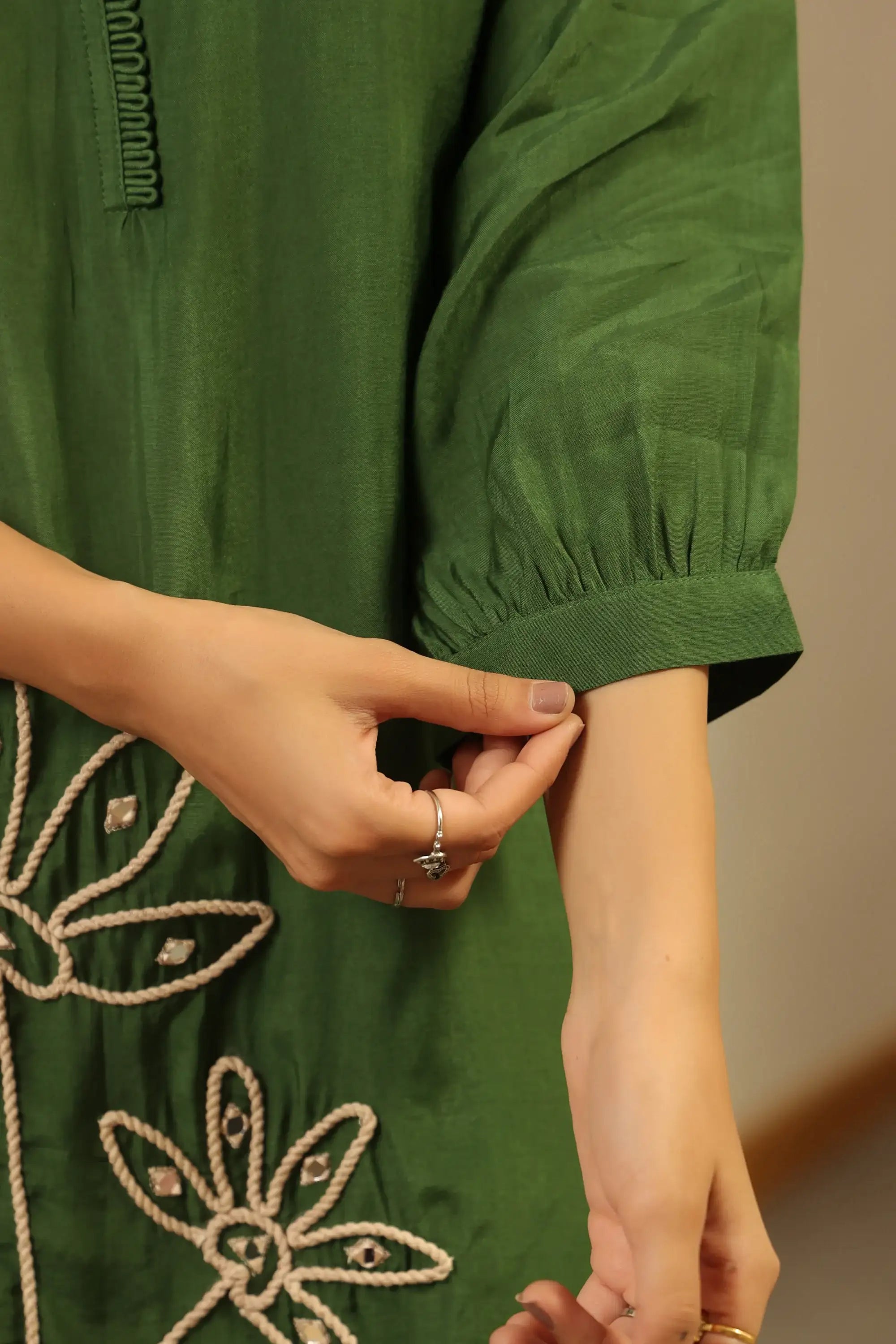 Chic Green Hand-Embroidered Floral Russian Silk Co-ord Set
