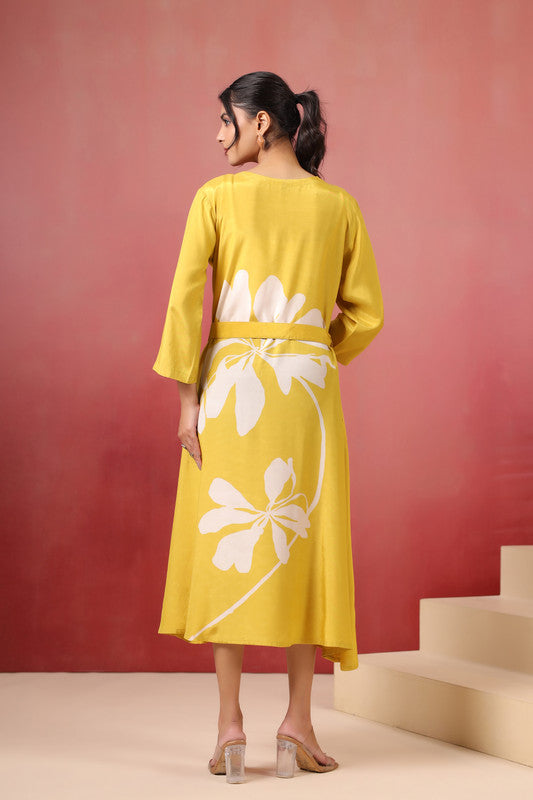 Yellow Floral Russian Silk Midi Dress