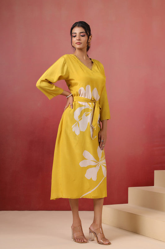 Yellow Floral Midi Dress RussianSilk with Belted Waist