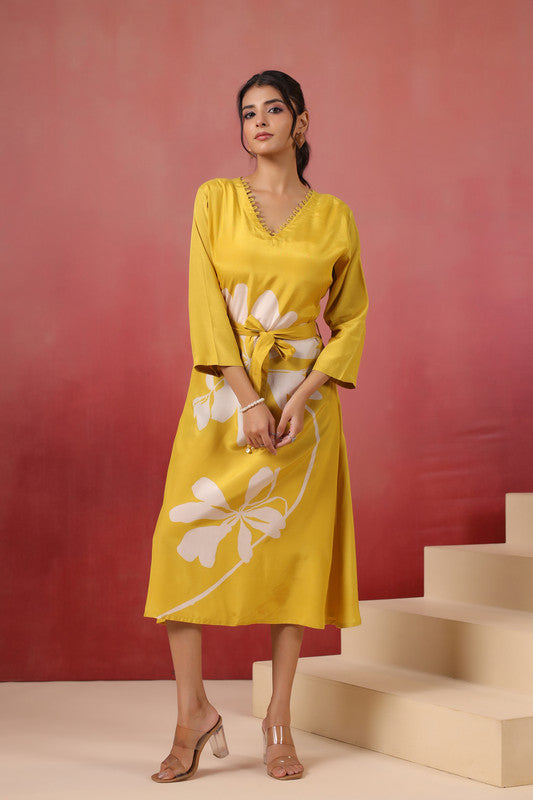 Yellow Floral Russian Silk Midi Dress