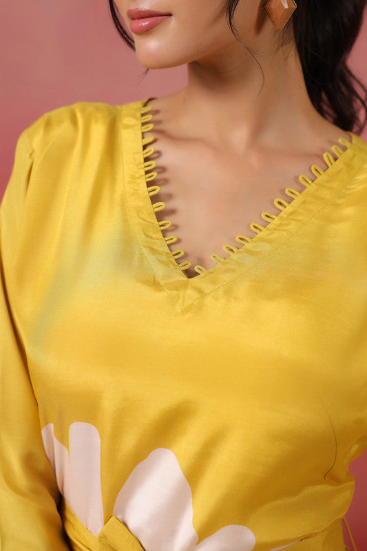 Yellow Floral Midi Dress RussianSilk with Belted Waist