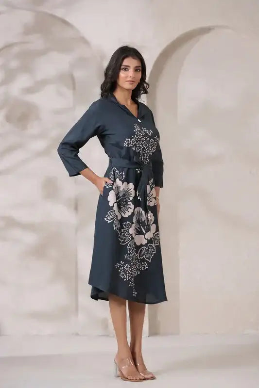 Charcoal Floral Russian Silk Midi Dress